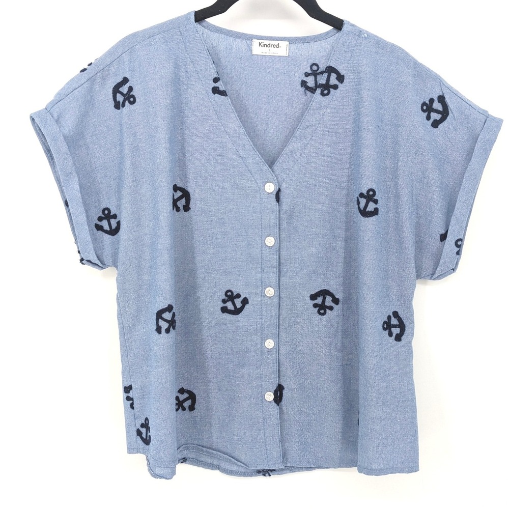 Kindred Top Womens Large Blue Anchor Embroidered Button Up Short Sleeve Nautical
